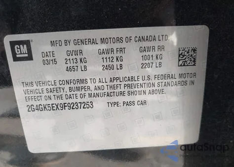 2015 Buick Regal Turbo z USA, uszkodzony, nr VIN 2G4GK5EX9F9237253